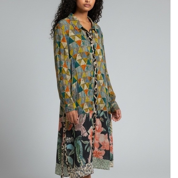 John Mark Dresses & Skirts - JOHN MARK Patchwork Geometric Floral Print Long Sleeve Shirt Dress Size L Birds